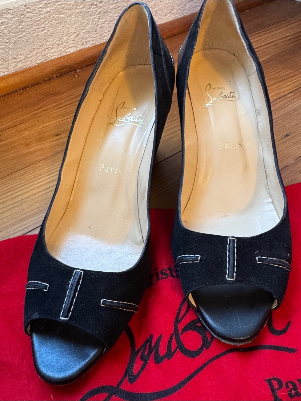 Christian Louboutin Black Suede Peep-Toe Pumps with Contrast Stitching